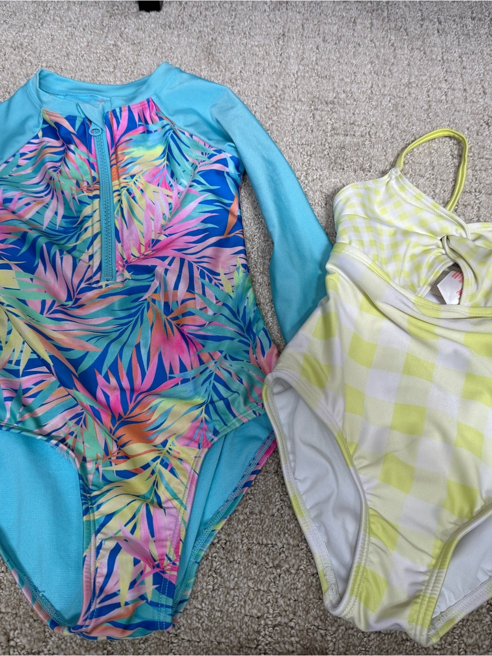 Cat & Jack Yellow and White Gingham One-Piece and floral print Swimsuits